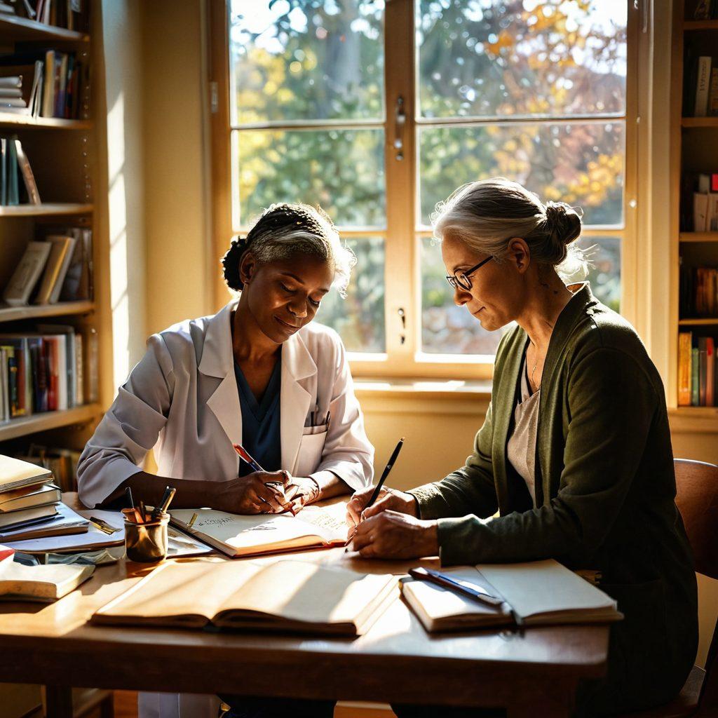 A serene doctor and a patient engaged in a creative writing session, surrounded by warm sunlight filtering through a window. On the table, a journal filled with handwritten words of hope and healing, with art supplies like colored pencils and paints scattered around. Behind them, a bookshelf filled with books on writing and oncology, symbolizing knowledge and comfort. Inviting atmosphere with soft, earthy tones. super-realistic. vibrant colors. warm lighting.