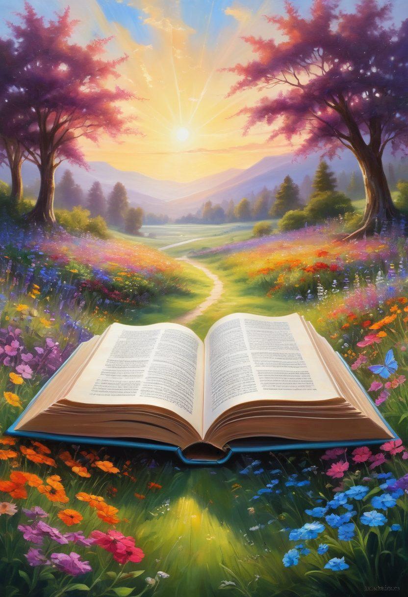A serene landscape featuring an open book surrounded by colorful wildflowers, with soft rays of sunlight illuminating the pages. In the background, silhouettes of people engaged in healing conversations symbolize support and connection. The overall atmosphere should evoke tranquility and hope, inviting viewers to feel inspired by the healing power of storytelling. vibrant colors. painting. soft focus.